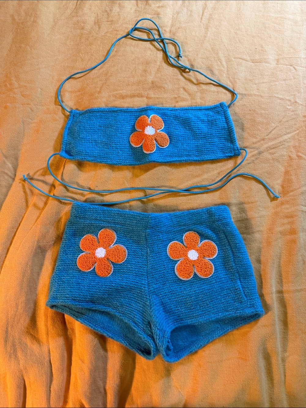 SHEIN Blue Knit Floral Appliqué Bikini Set with Orange Flowers